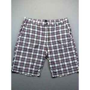 Gap Shorts Plaid Flat Front Cotton Bermuda 10" Long Chino Mens 38 Red White Blue
